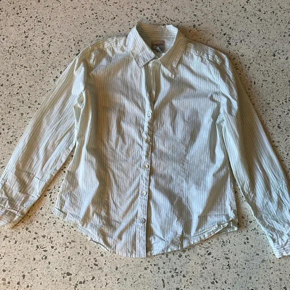 CHICO’S Women’s Green Pin Striped Button Up Shirt Size 1 - Picture 1 of 3